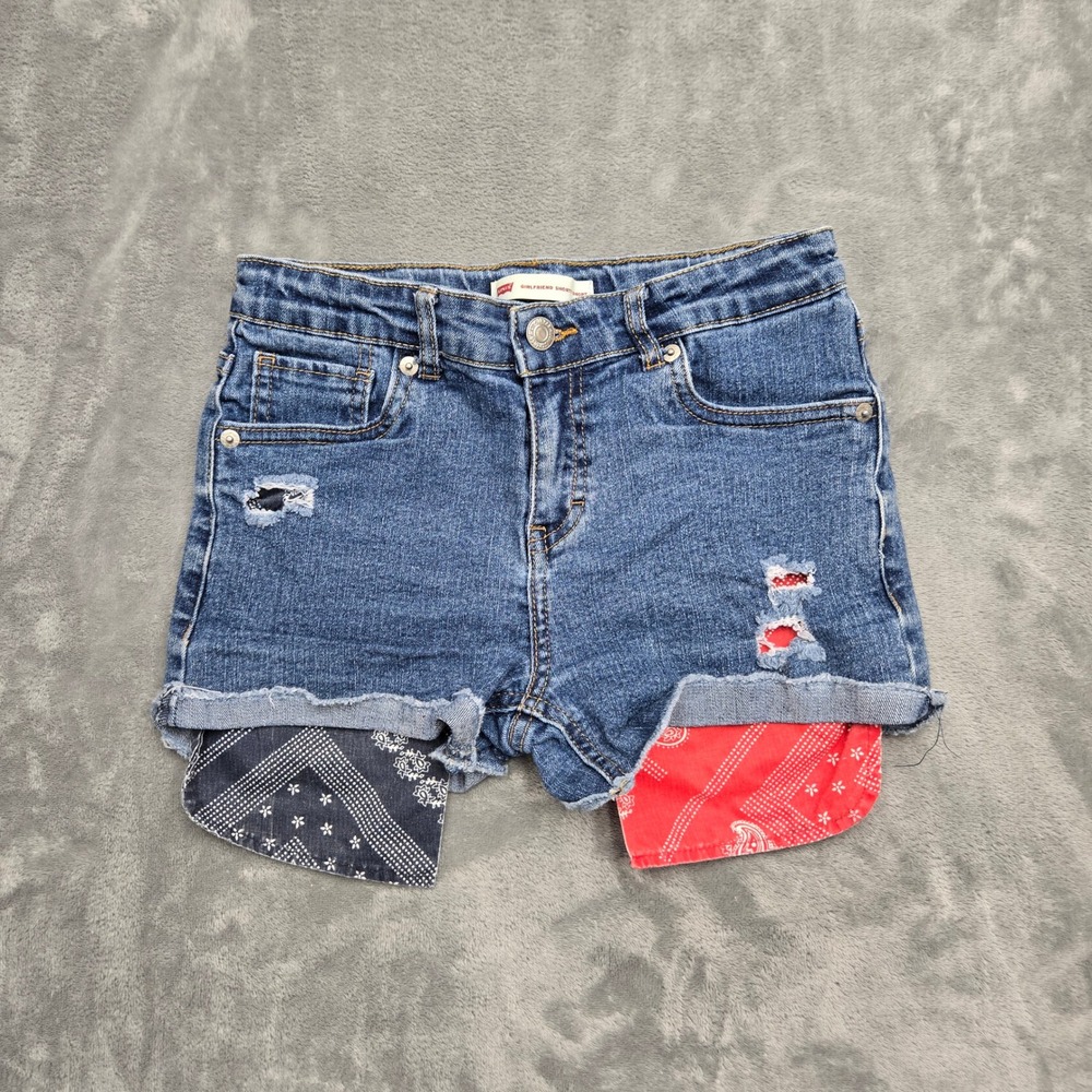Levis Girls Size 12 Reg Girlfriend Shorty Medium Wash Shorts Bandana Distressed